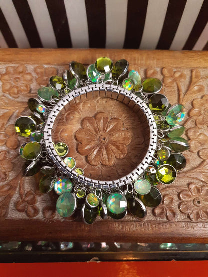 Vintage 90s Aurora Borealis Cha Cha Bracelet Charm Green Rhinestone AB