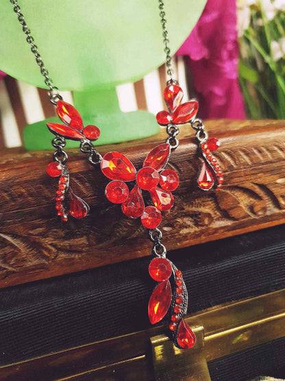 Vintage Orange Rhinestone Necklace Victorian Revival 20" 90s Gunmetal
