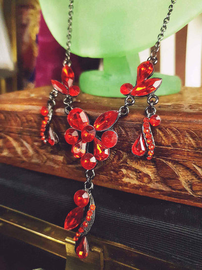 Vintage Orange Rhinestone Necklace Victorian Revival 20" 90s Gunmetal