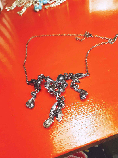 Vintage Orange Rhinestone Necklace Victorian Revival 20" 90s Gunmetal