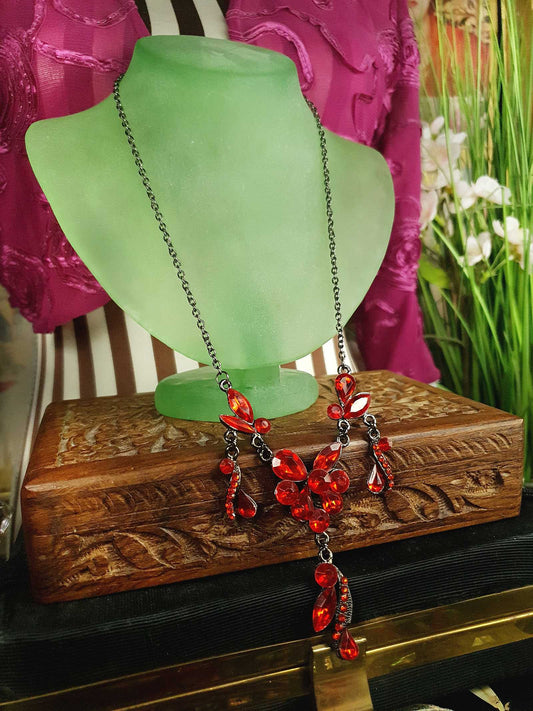 Vintage 90s Orange Rhinestone 20" Necklace Victorian Revival Gunmetal