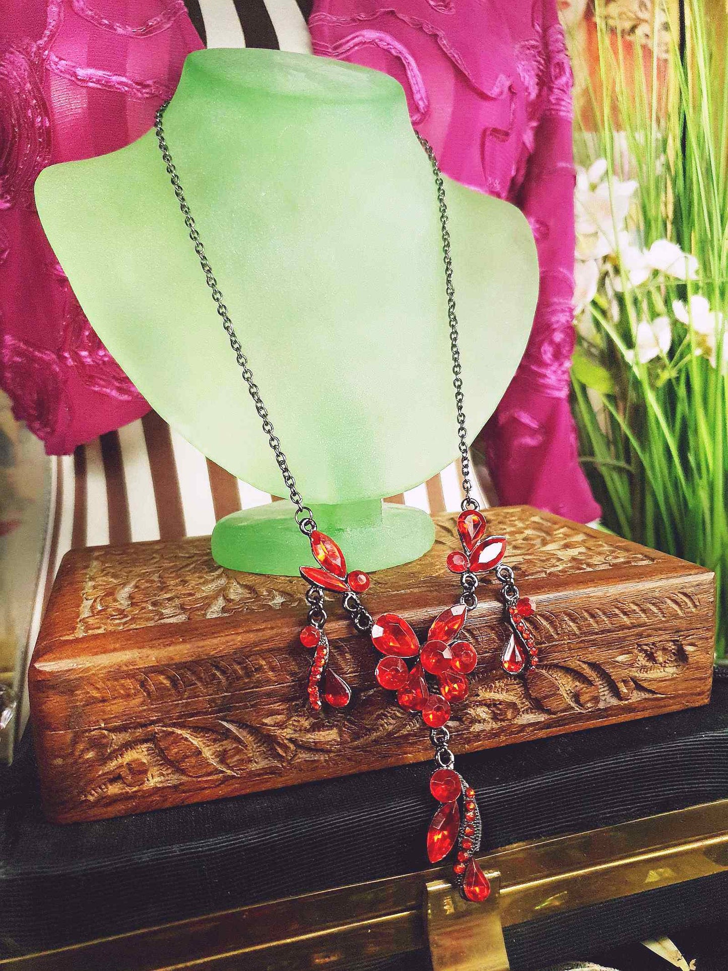 Vintage Orange Rhinestone Necklace Victorian Revival 20" 90s Gunmetal