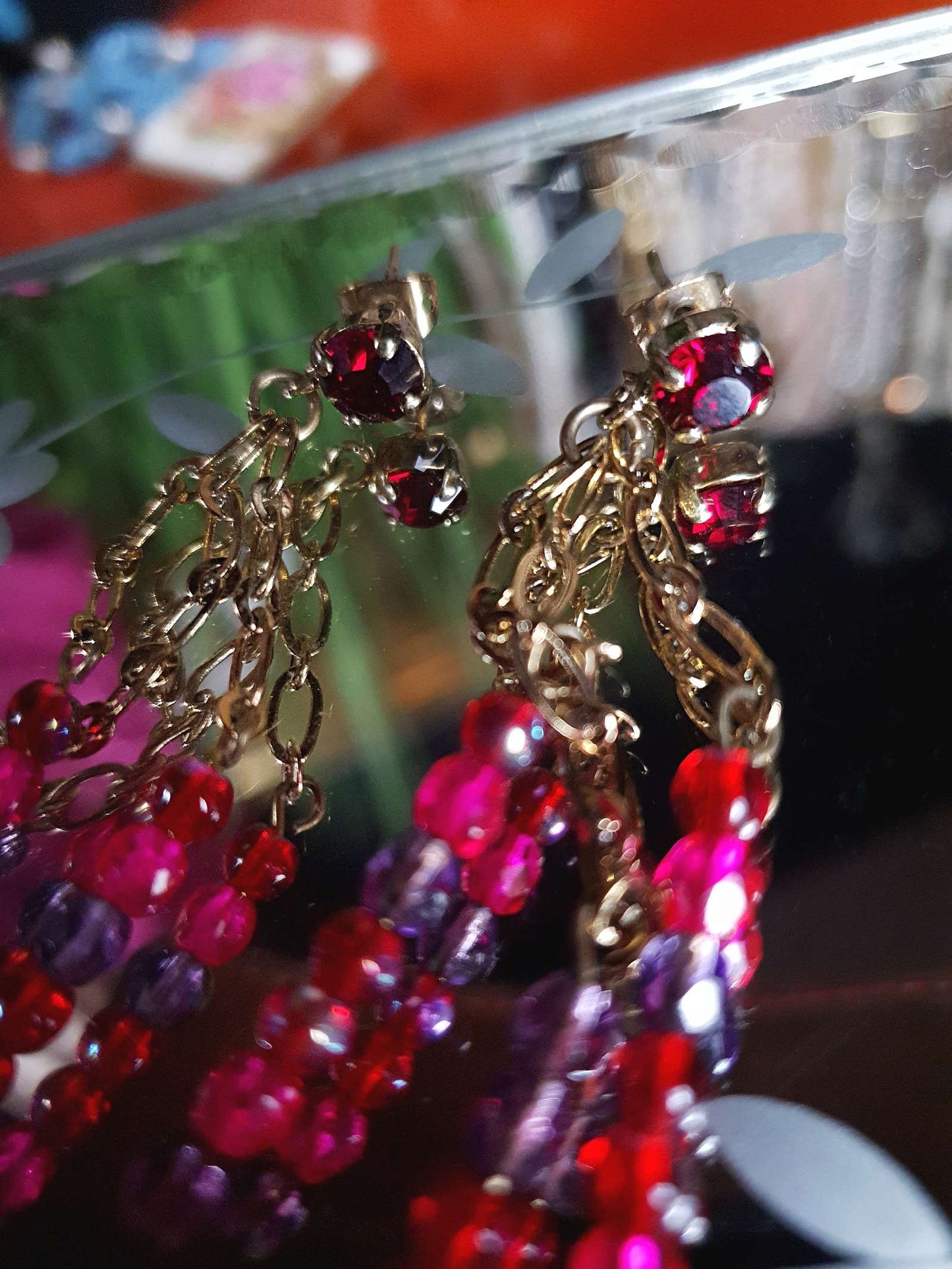Vintage 90s Boho Dangle Drop Earrings Pink Purple Aurora Borealis AB Jean Andre Firenze