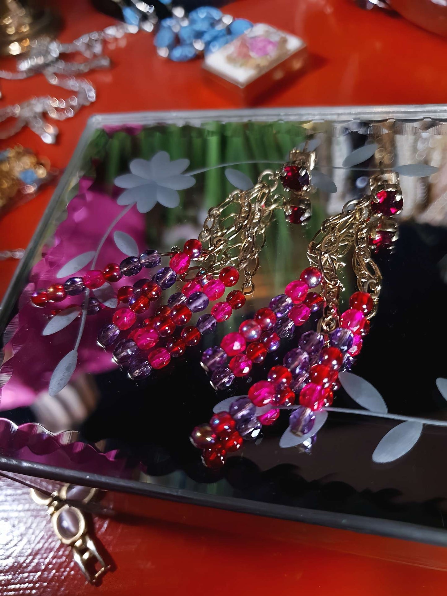 Vintage 90s Boho Dangle Drop Earrings Pink Purple Aurora Borealis AB Jean Andre Firenze