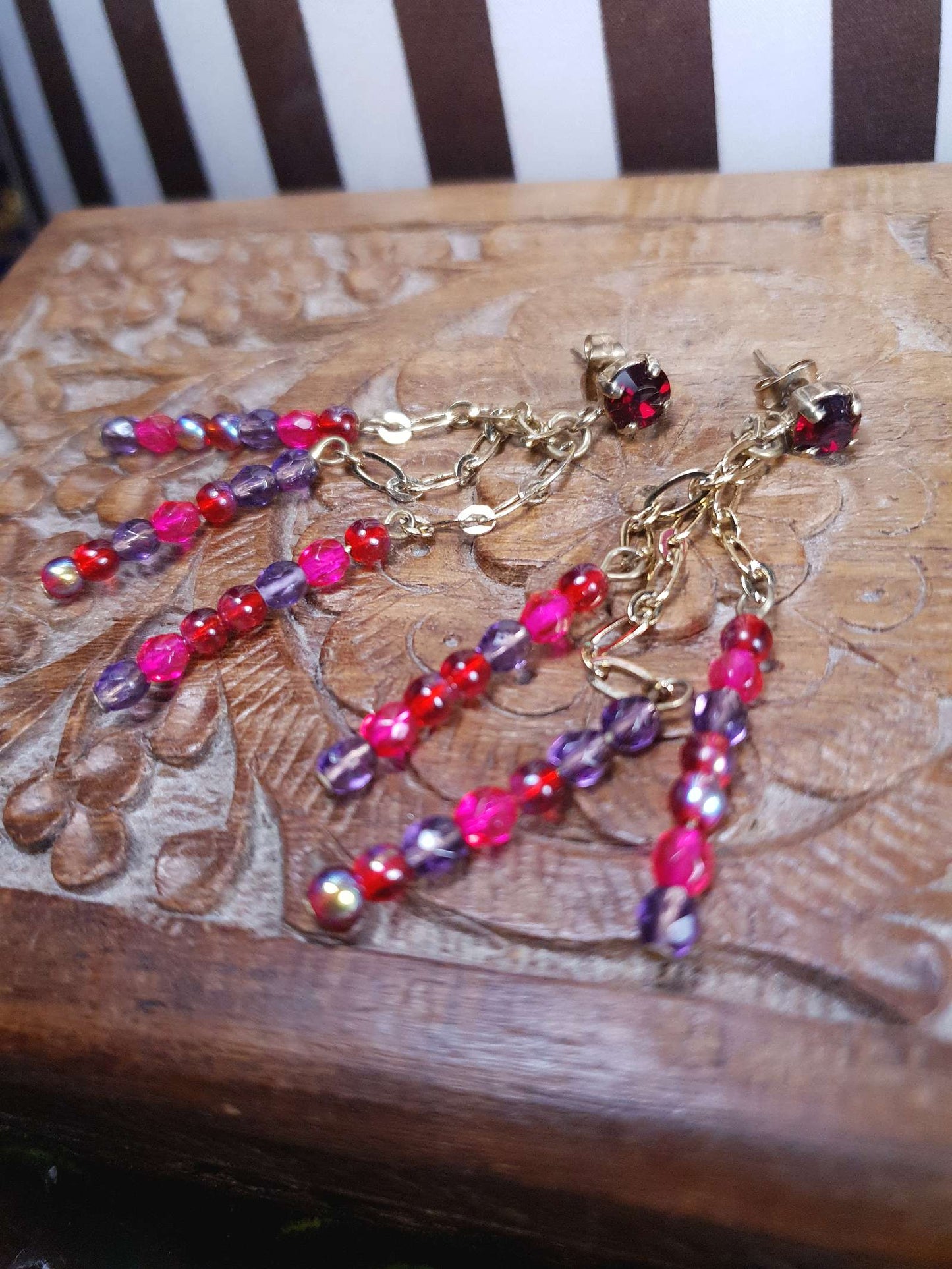 Vintage 90s Boho Dangle Drop Earrings Pink Purple Aurora Borealis AB Jean Andre Firenze