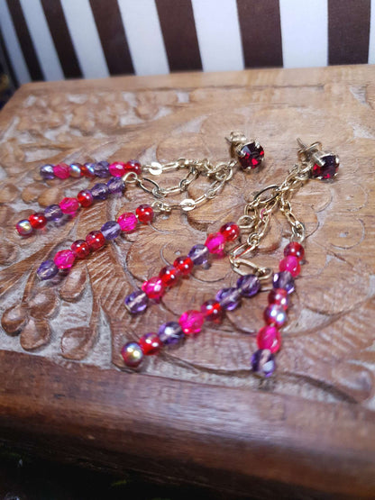 Vintage 90s Boho Dangle Drop Earrings Pink Purple Aurora Borealis AB Jean Andre Firenze