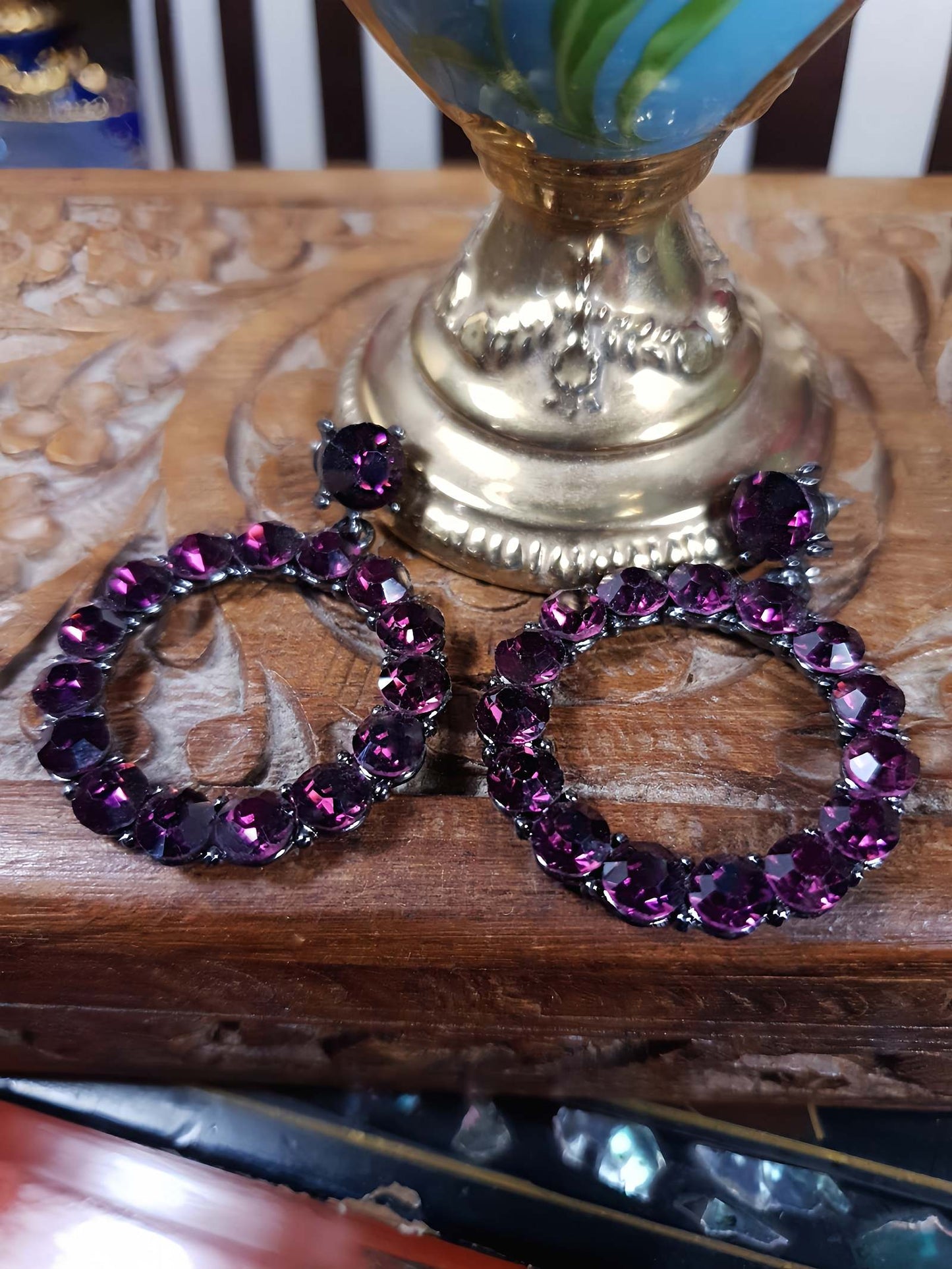 Vintage 90s Purple Rhinestone Earrings Dangle Drop Circle