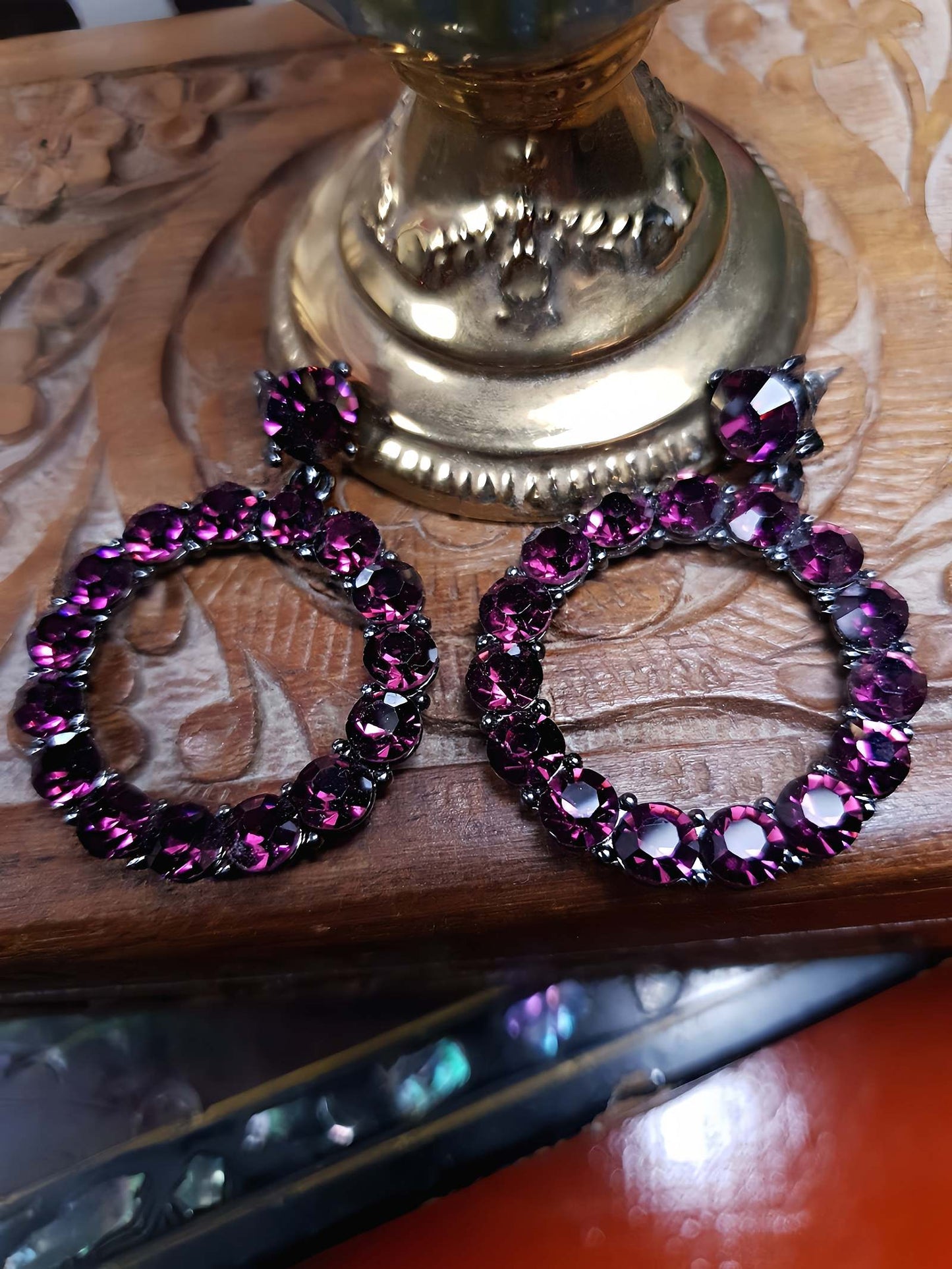 Vintage 90s Purple Rhinestone Earrings Dangle Drop Circle