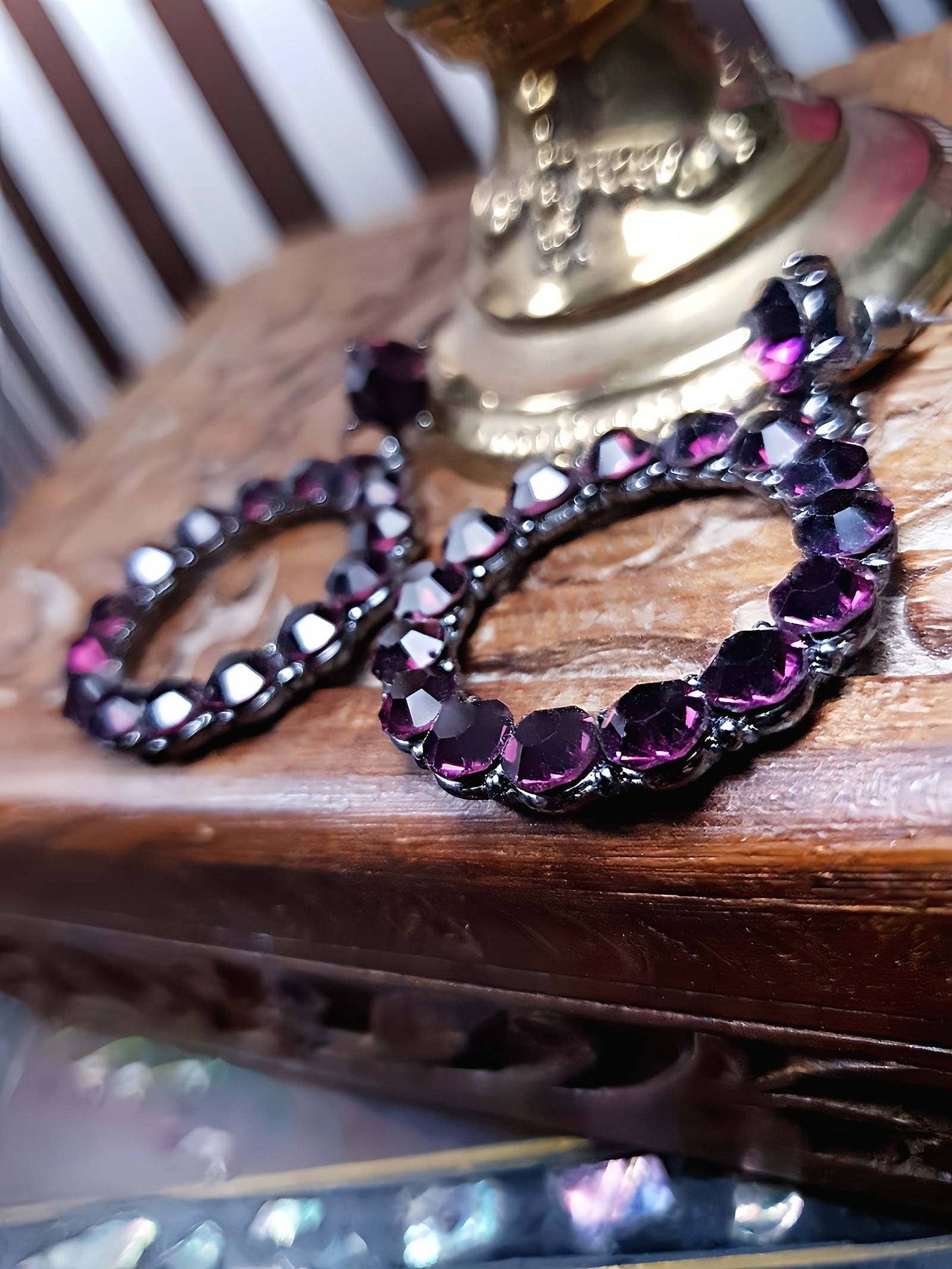 Vintage 90s Purple Rhinestone Earrings Dangle Drop Circle