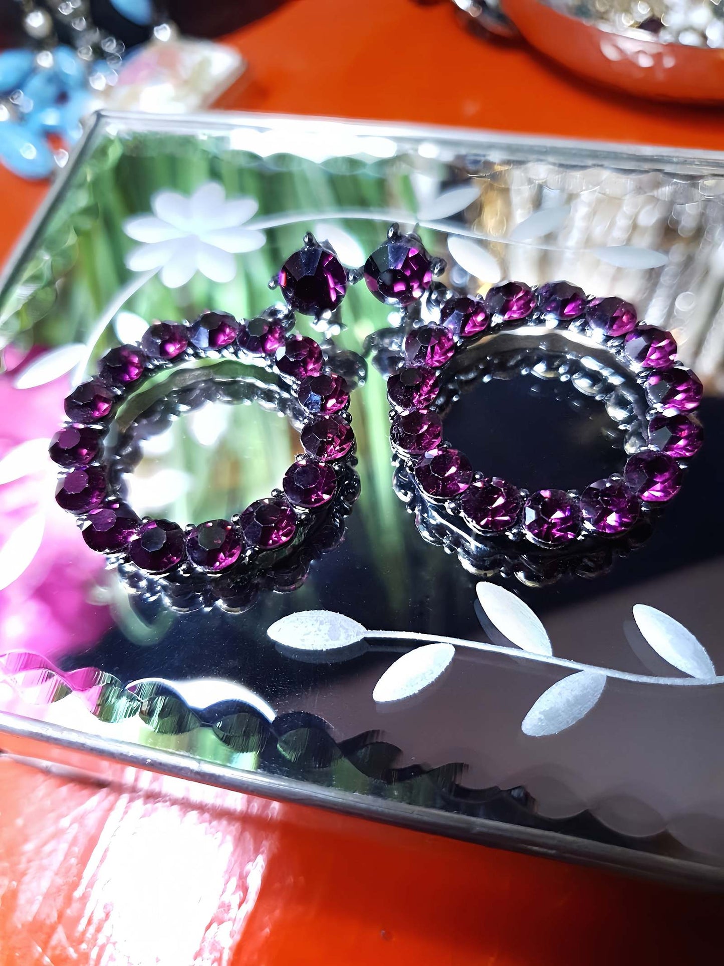 Vintage 90s Purple Rhinestone Earrings Dangle Drop Circle