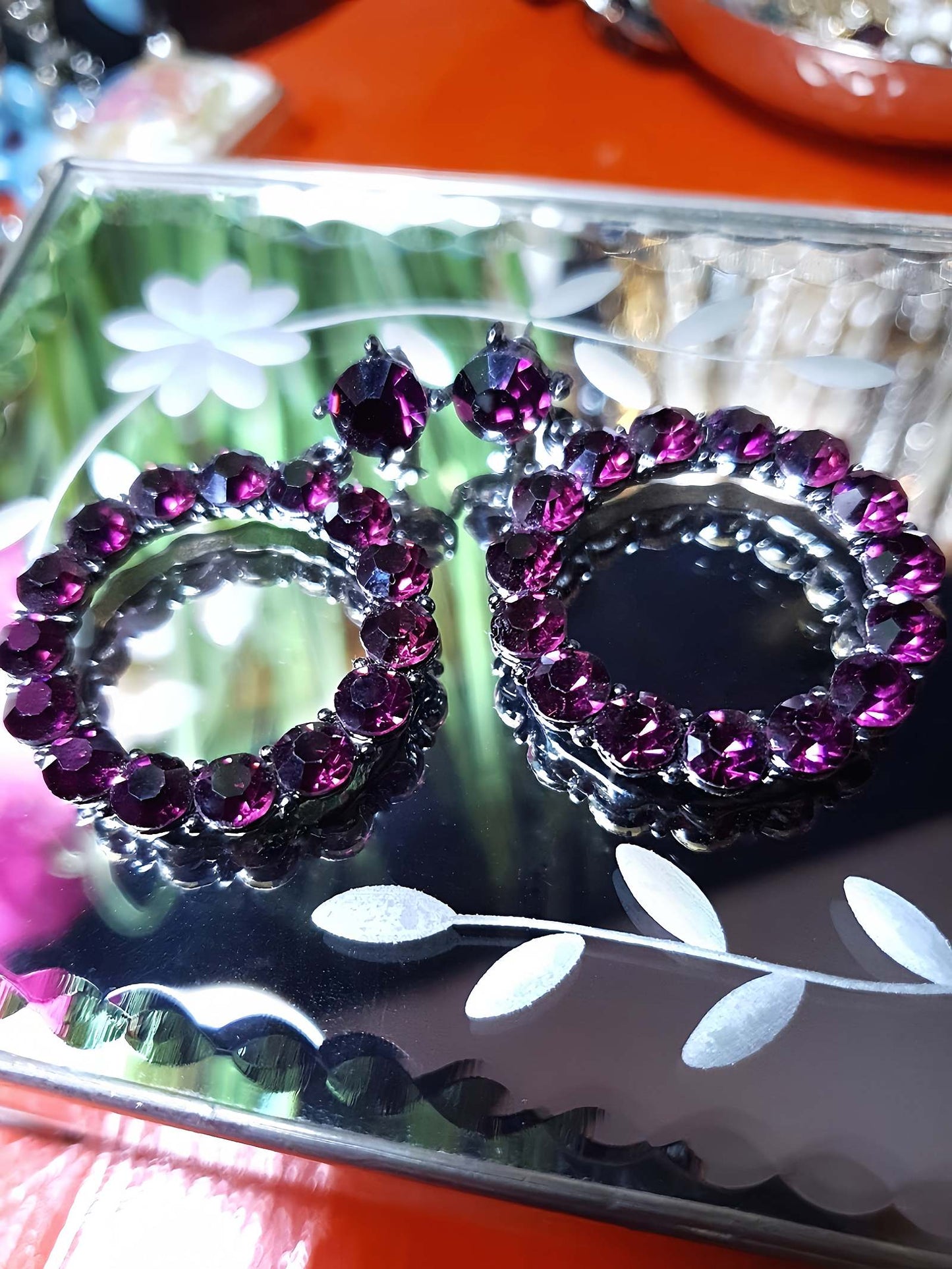 Vintage 90s Purple Rhinestone Earrings Dangle Drop Circle
