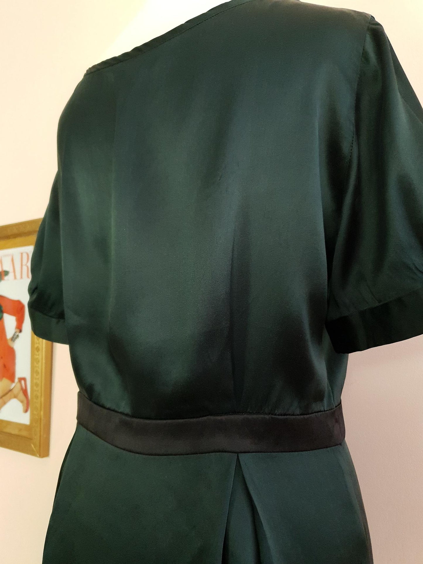 90s Vintage Dark Green Silk Blouse Top Bow Ladies Short Sleeves