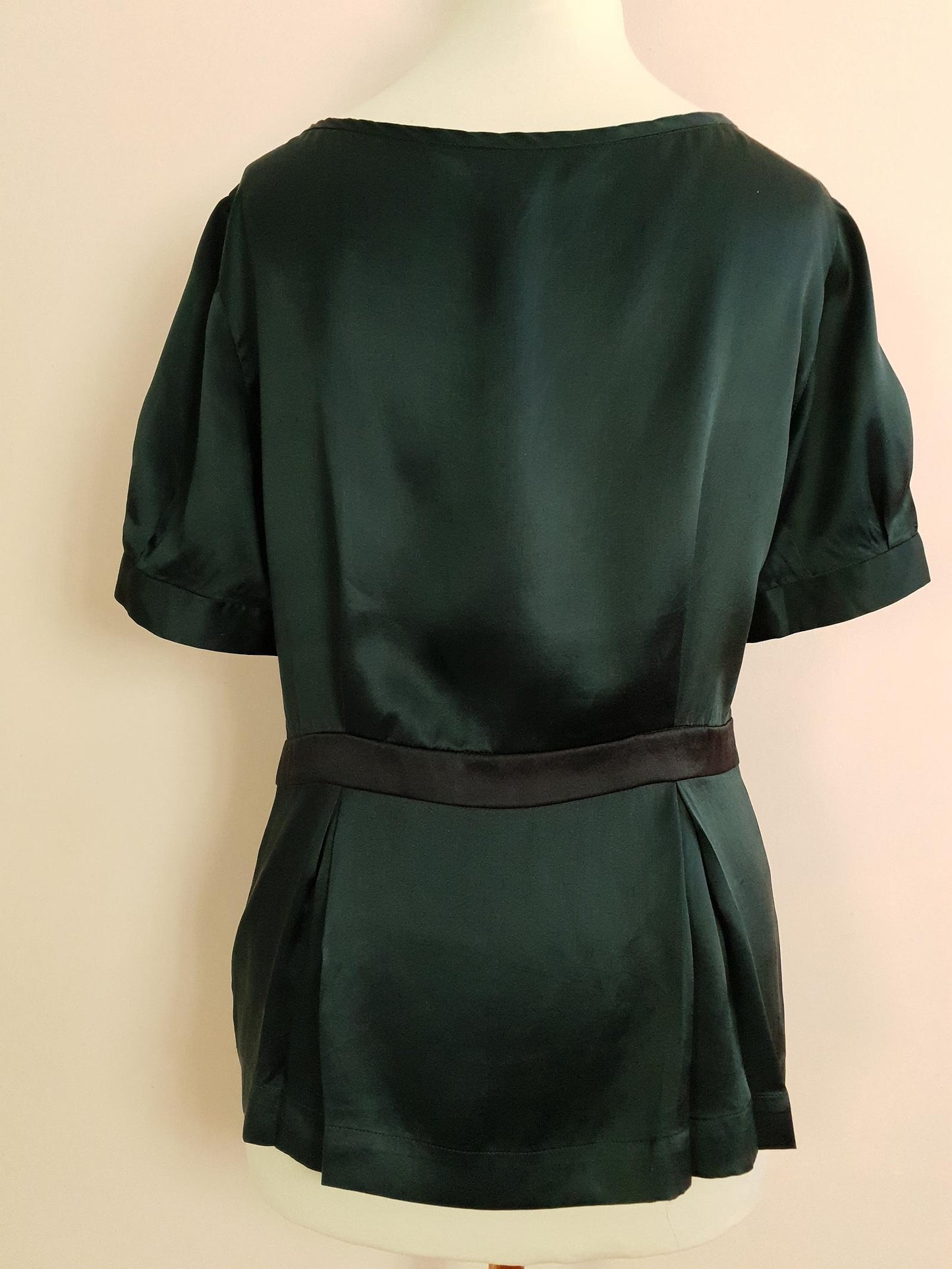 90s Vintage Dark Green Silk Blouse Top Bow Ladies Short Sleeves