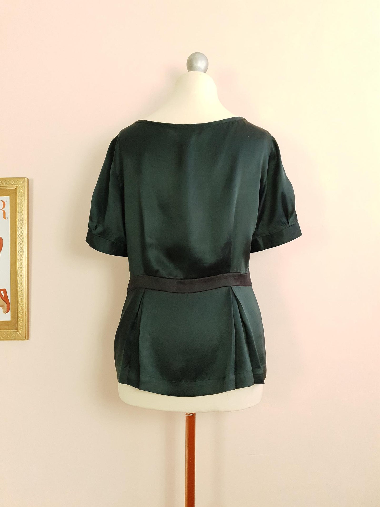 90s Vintage Dark Green Silk Blouse Top Bow Ladies Short Sleeves