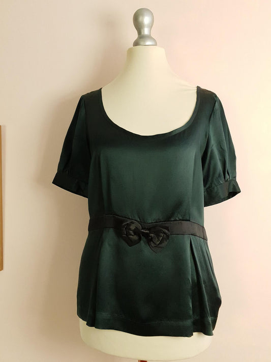 90s Vintage Dark Green Silk Blouse Top Bow Ladies Short Sleeves