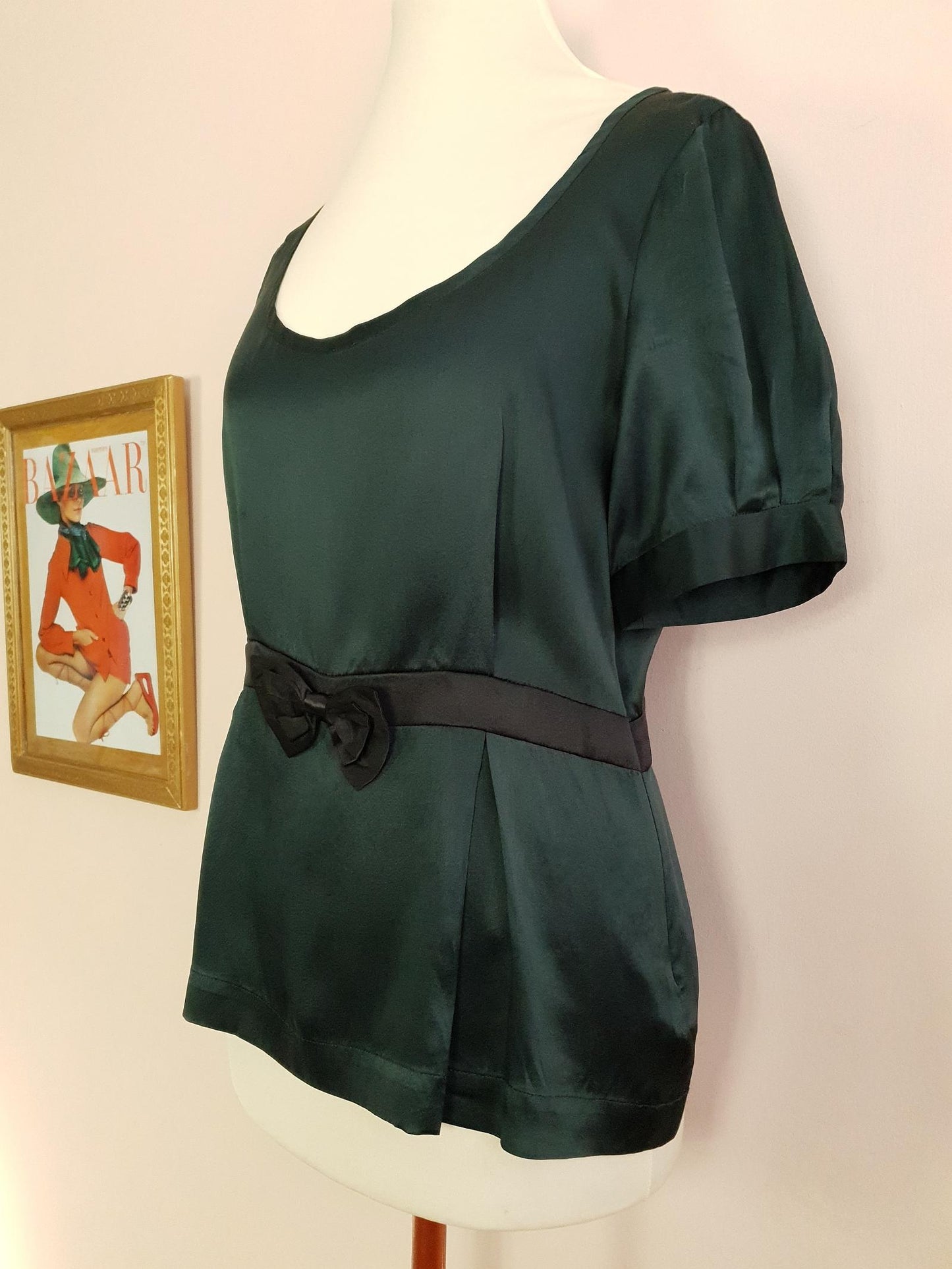 90s Vintage Dark Green Silk Blouse Top Bow Ladies Short Sleeves
