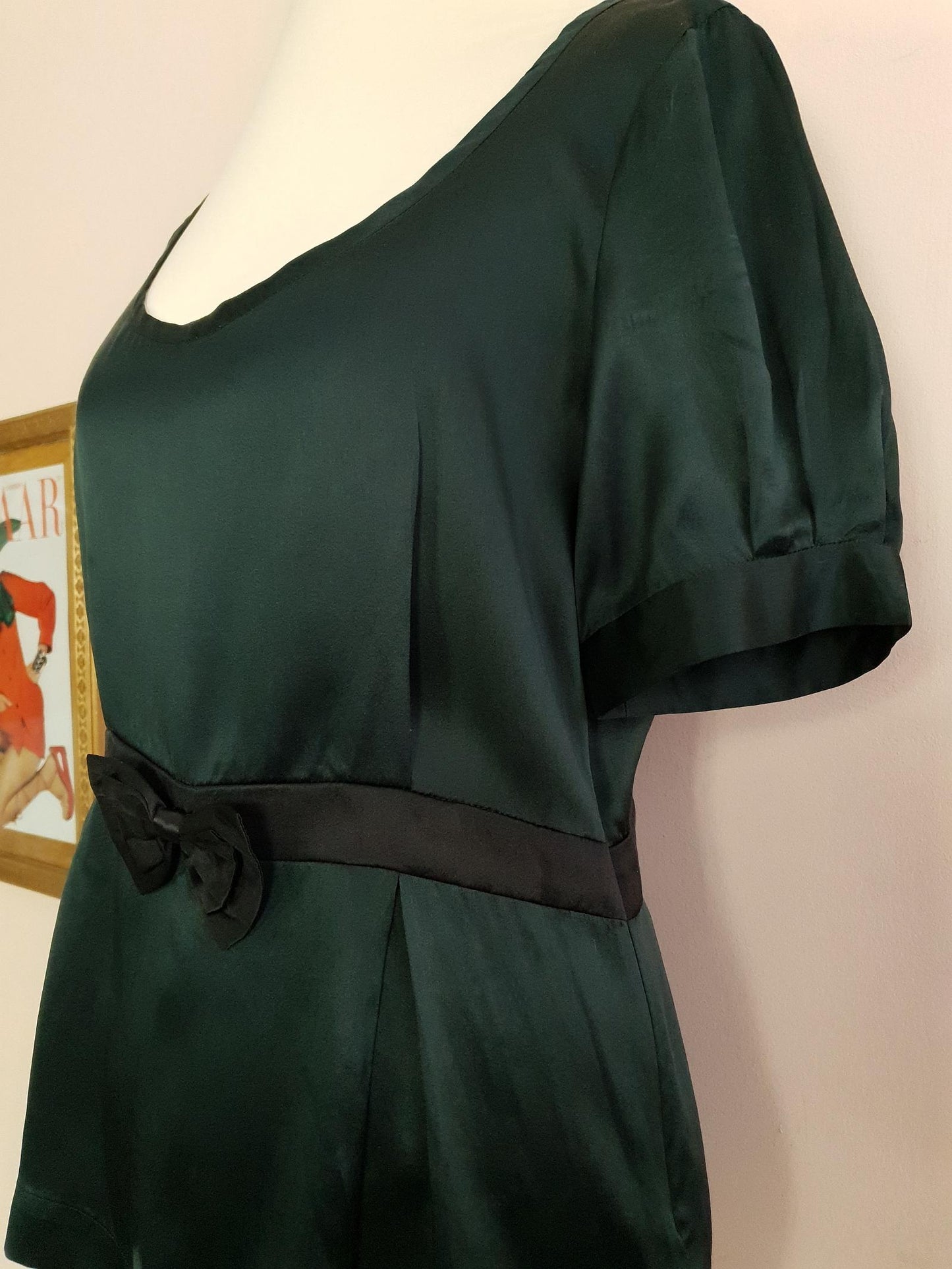 90s Vintage Dark Green Silk Blouse Top Bow Ladies Short Sleeves