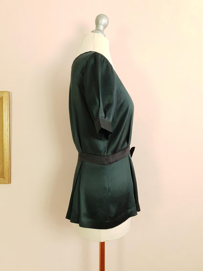 90s Vintage Dark Green Silk Blouse Top Bow Ladies Short Sleeves