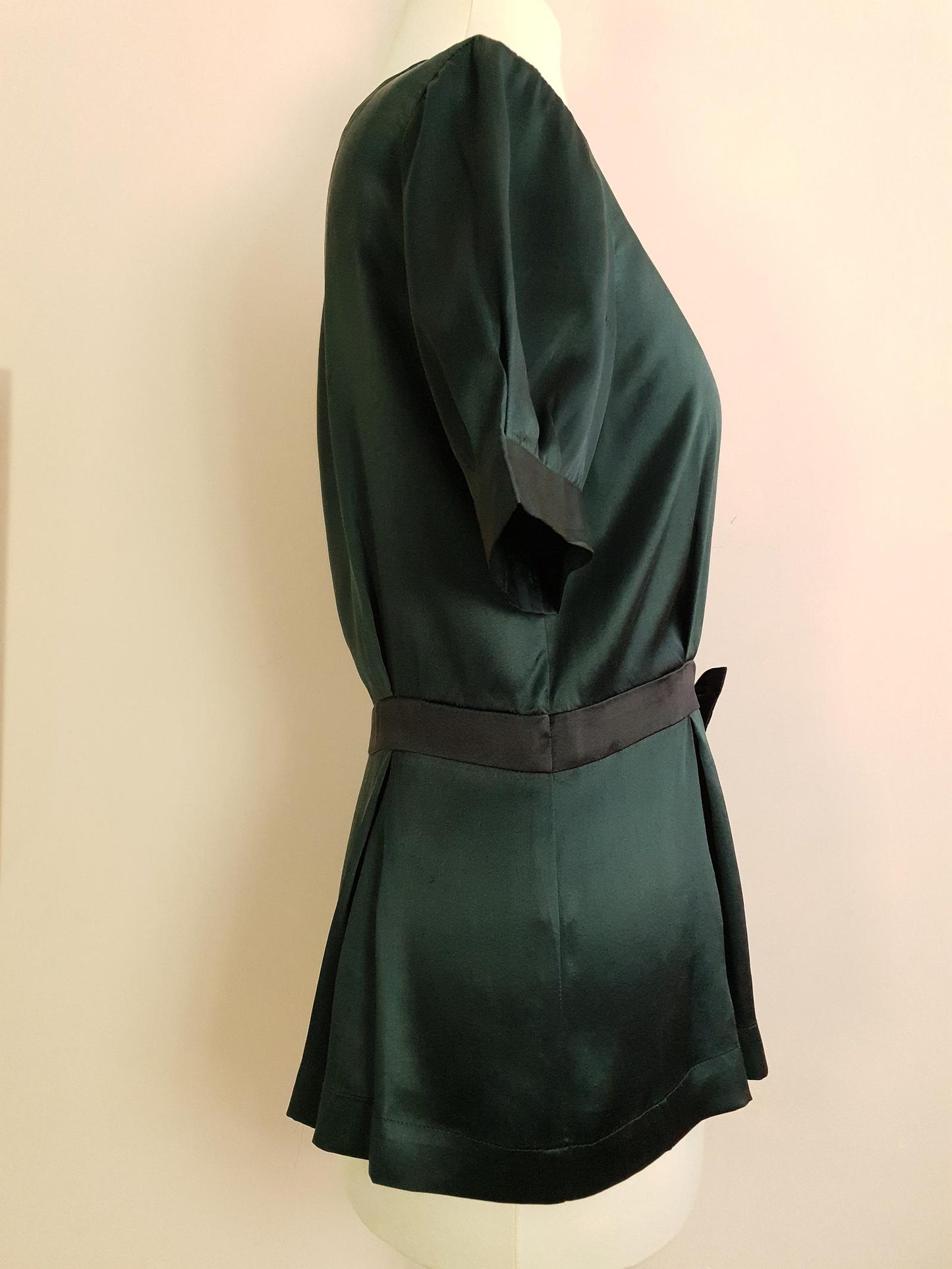 90s Vintage Dark Green Silk Blouse Top Bow Ladies Short Sleeves