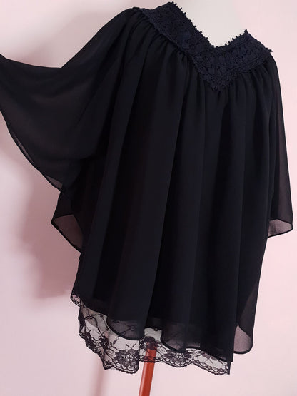Vintage 90s Black Batwing Top Chiffon Lace Blouse Size 14 / 16