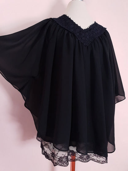 Vintage 90s Black Batwing Top Chiffon Lace Blouse Size 14 / 16