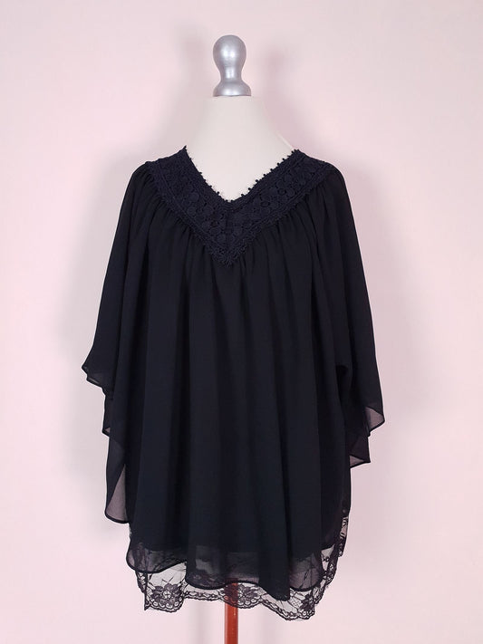 Vintage 90s Black Batwing Top Chiffon Lace Blouse Size 14 / 16