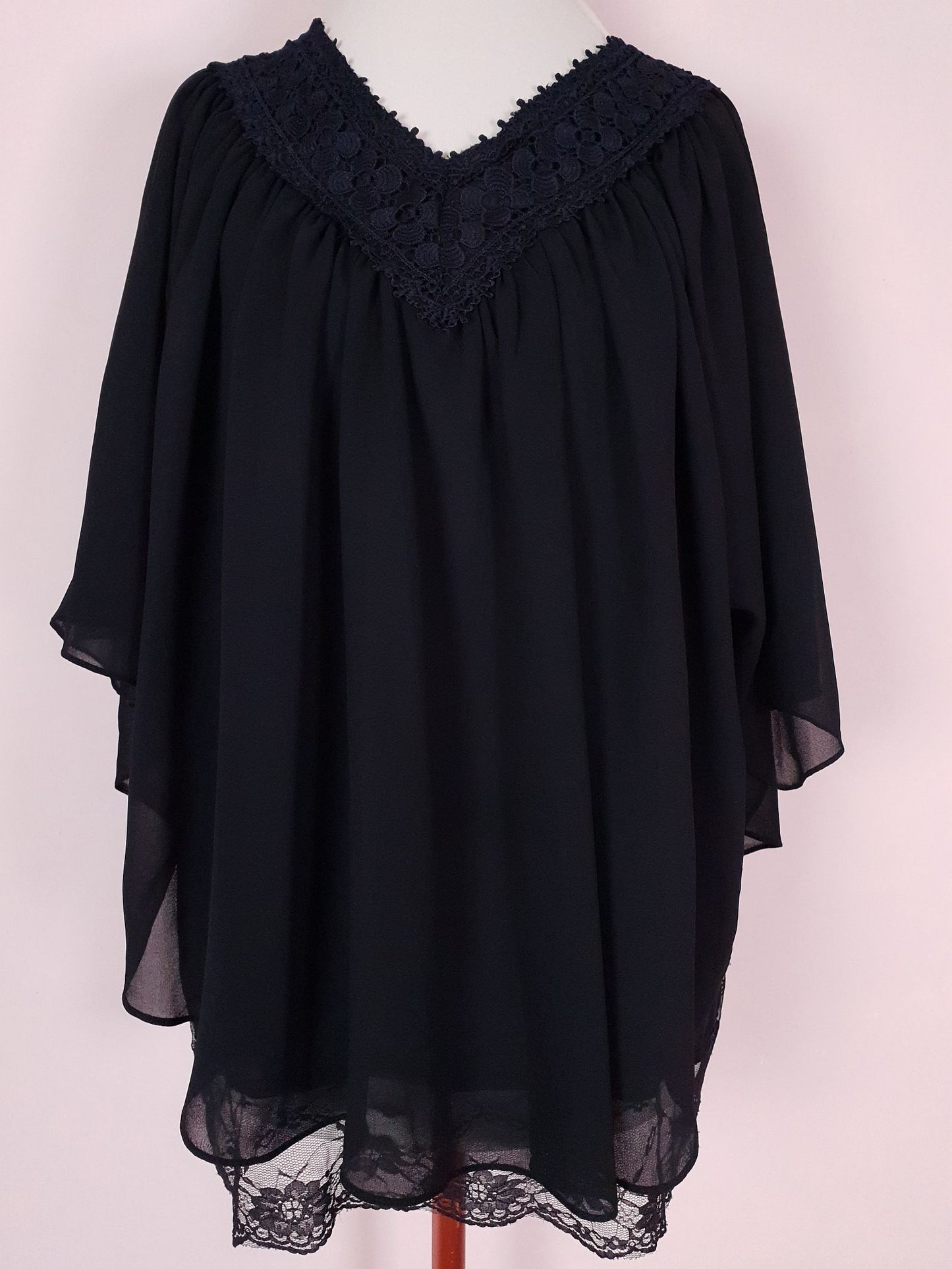 Vintage 90s Black Batwing Top Chiffon Lace Blouse Size 14 / 16