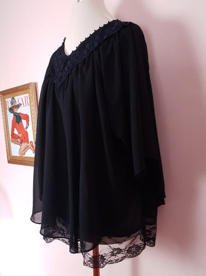 Vintage 90s Black Batwing Top Chiffon Lace Blouse Size 14 / 16