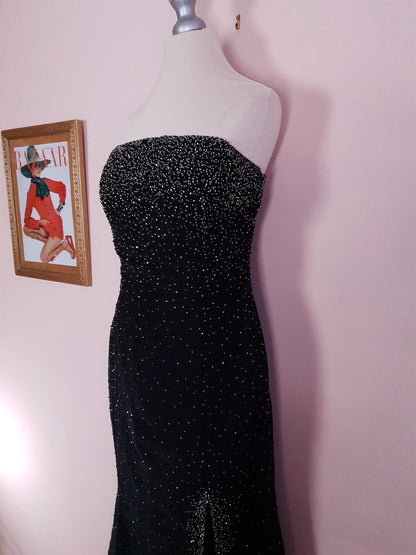 Vintage 90s Black Cocktail Dress Strapless Long Evening Gown Beaded Party Size 12