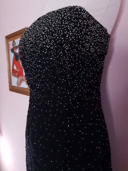 Vintage 90s Black Cocktail Dress Strapless Long Evening Gown Beaded Party Size 12
