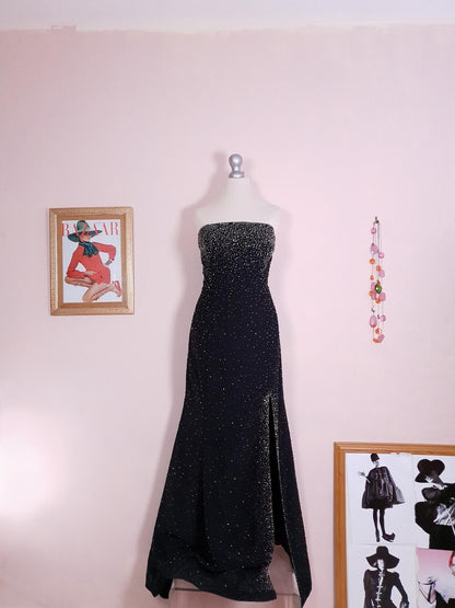 Vintage 90s Black Cocktail Dress Strapless Long Evening Gown Beaded Party Size 12