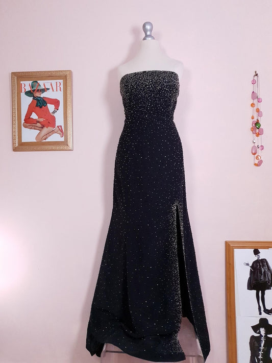Vintage 90s Black Cocktail Dress Strapless Long Evening Gown Beaded Party Size 12