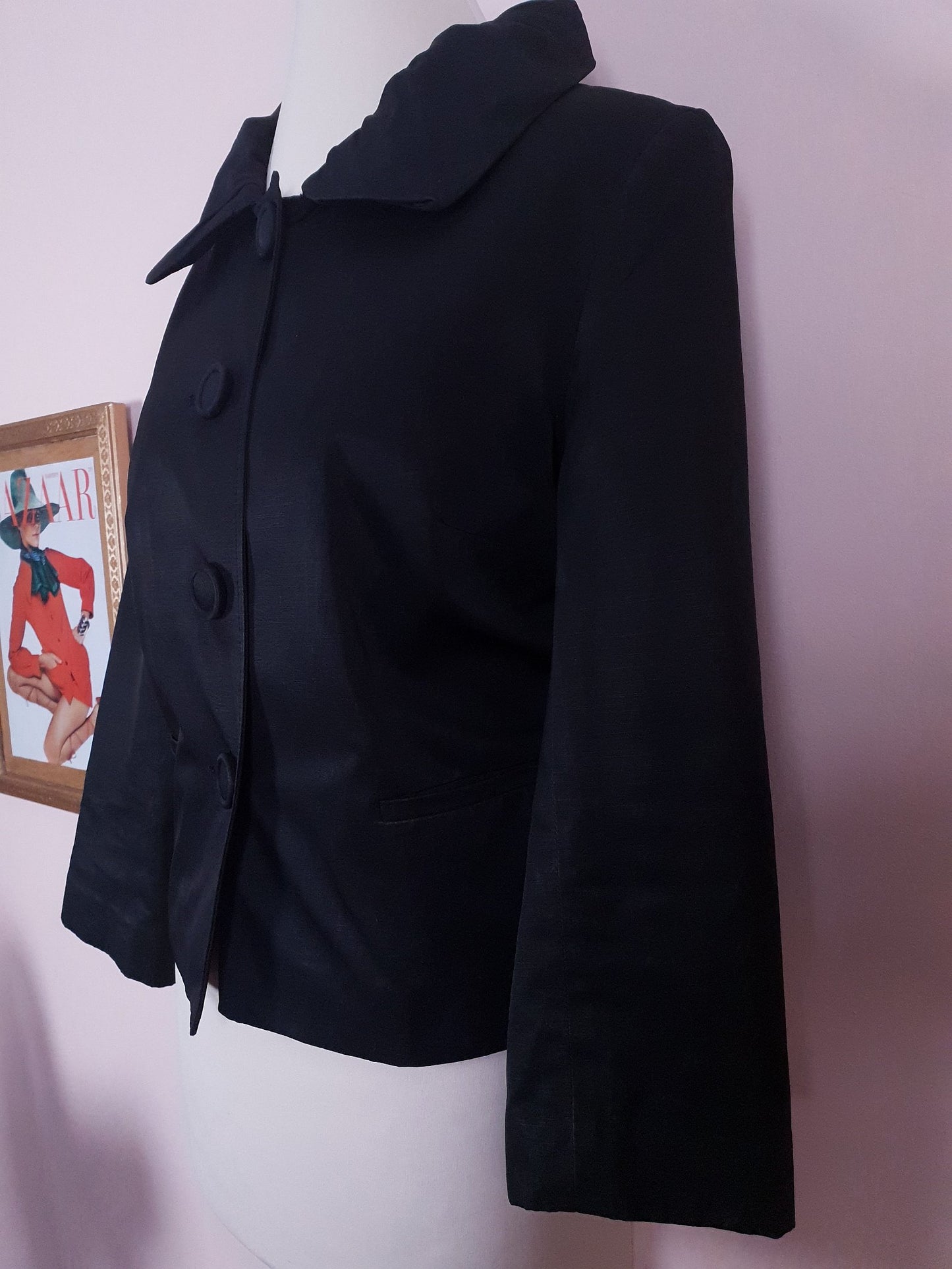 Vintage 90s Black Satin Jacket Ladies 50s Style Size 10