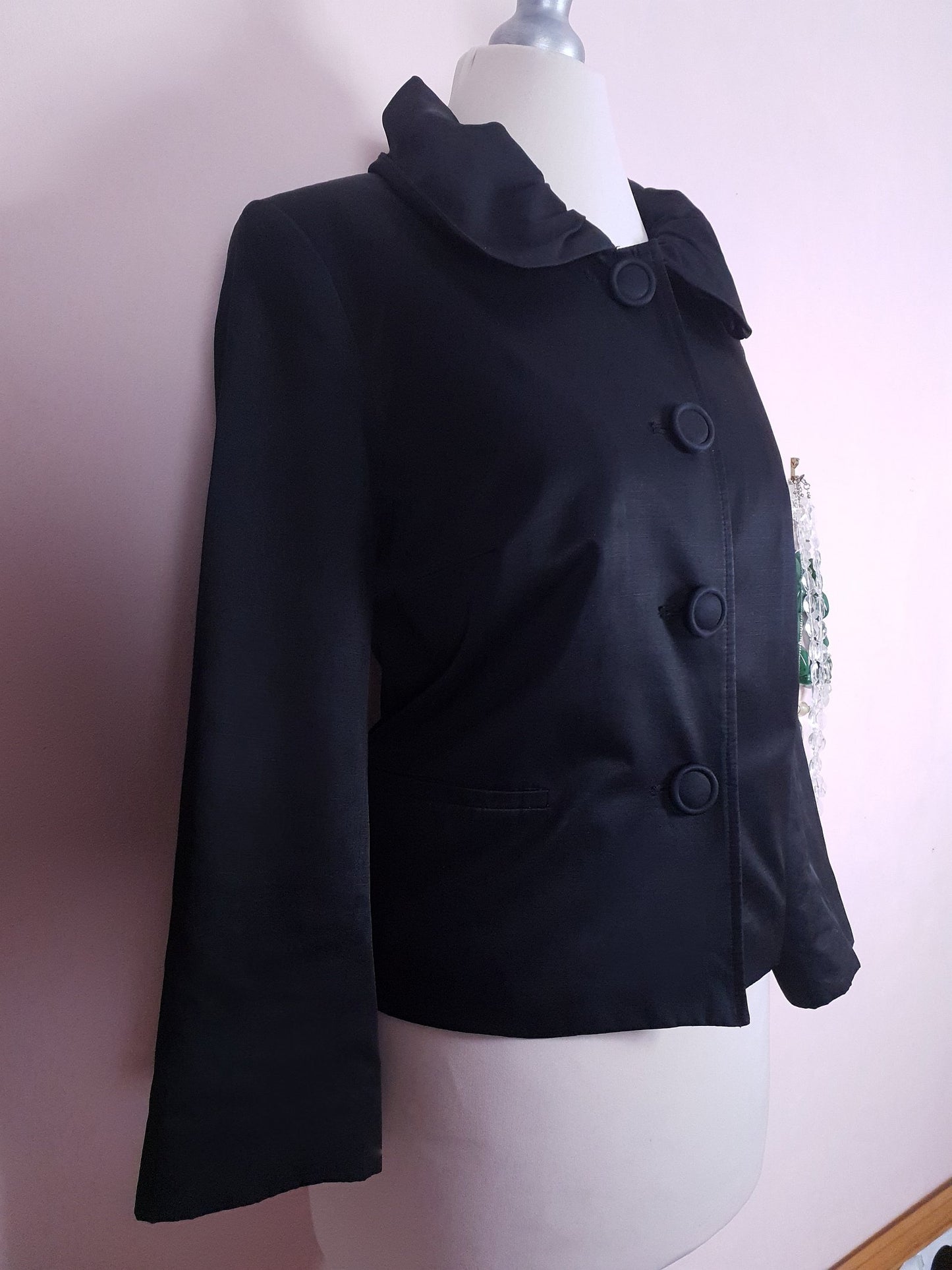 Vintage 90s Black Satin Jacket Ladies 50s Style Size 10