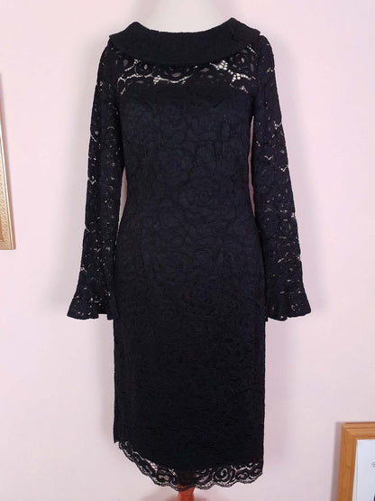 Vintage 90s Black Lace Dress Midi - Size 8