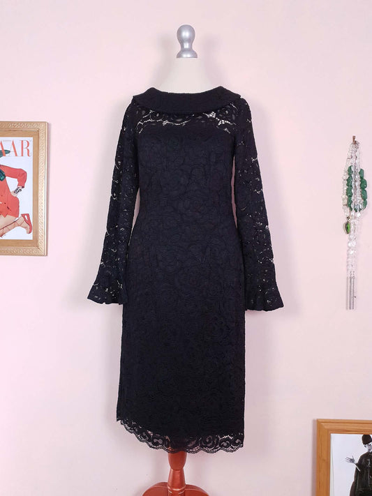 Vintage 90s Black Lace Dress Midi - Size 8