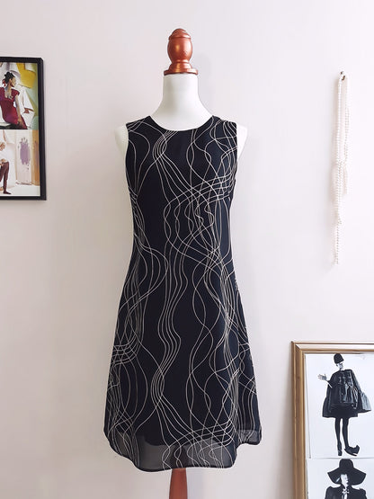 Vintage 90s Black White Chiffon Shift Dress Monochrome Graphic Art Pattern - Size 10