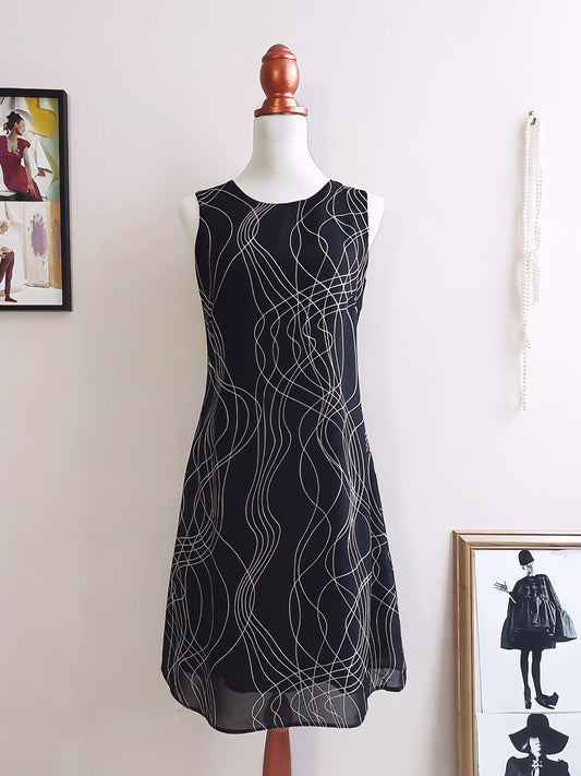 Vintage 90s Black White Chiffon Shift Dress Monochrome Graphic Art Pattern - Size 10