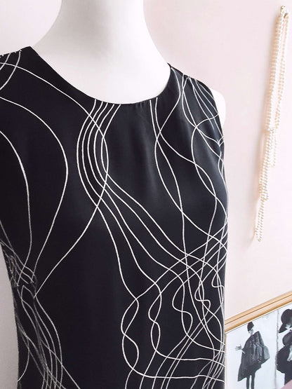 Vintage 90s Black White Chiffon Shift Dress Monochrome Graphic Art Pattern - Size 10