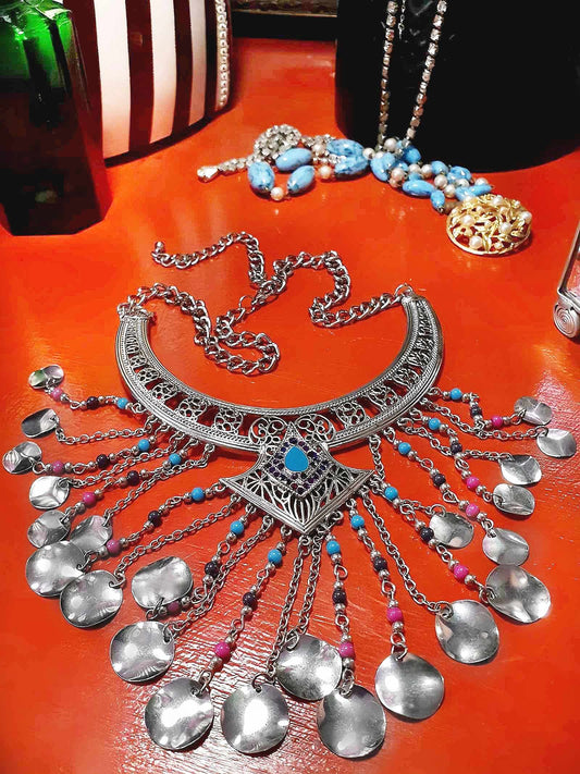 90s Vintage Boho Filagree Statement Necklace 21" Choker Bohemian