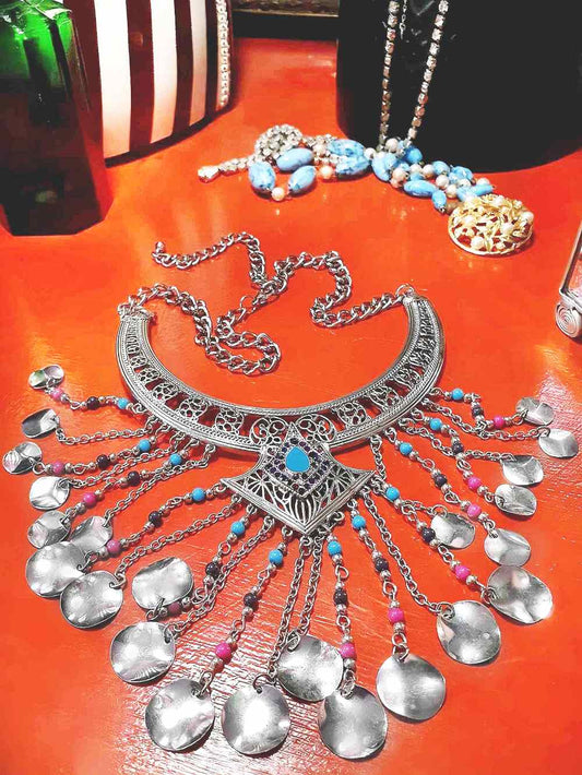 90s Vintage Boho Filagree Statement Necklace 21" Bohemian