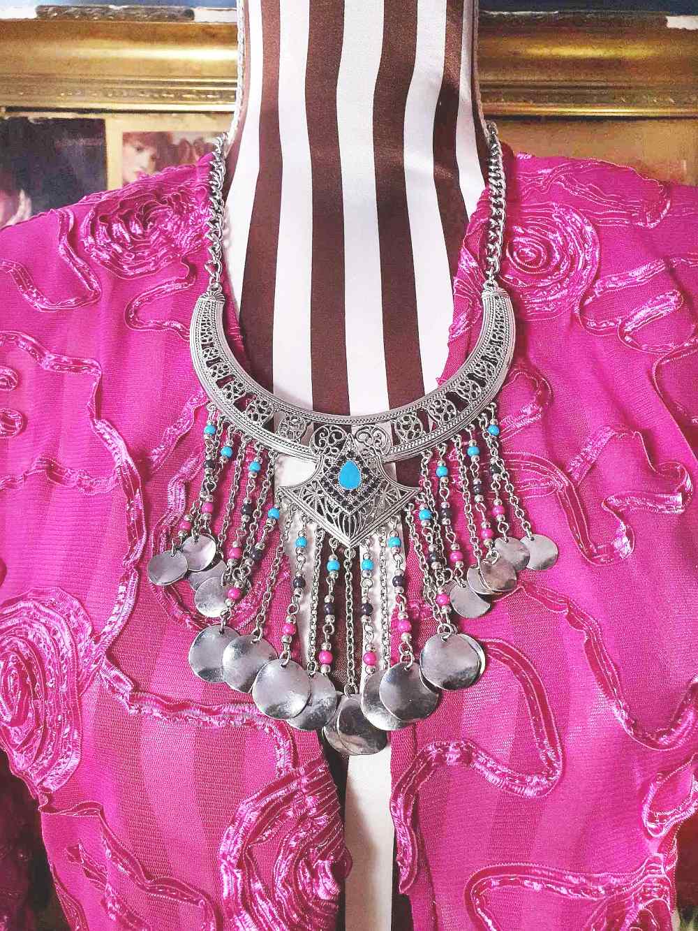 90s Vintage Boho Filagree Statement Necklace 21" Bohemian