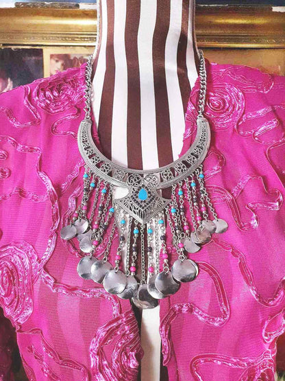 90s Vintage Boho Filagree Statement Necklace 21" Bohemian