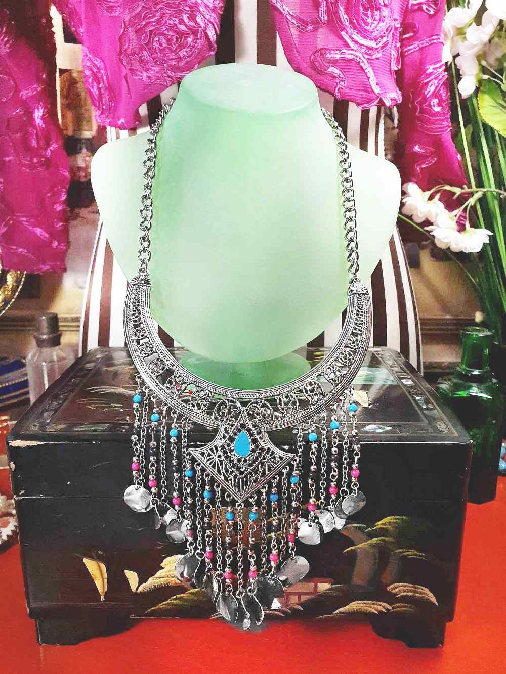 90s Vintage Boho Filagree Statement Necklace 21" Bohemian