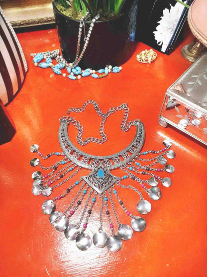 90s Vintage Boho Filagree Statement Necklace 21" Bohemian