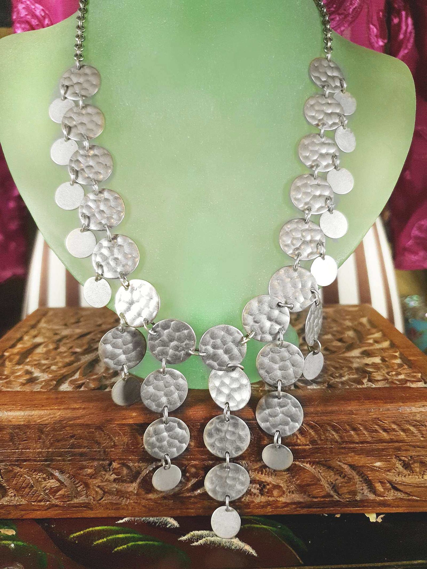 Vintage 90s Boho Statement Necklace Metal Circle Bohemian