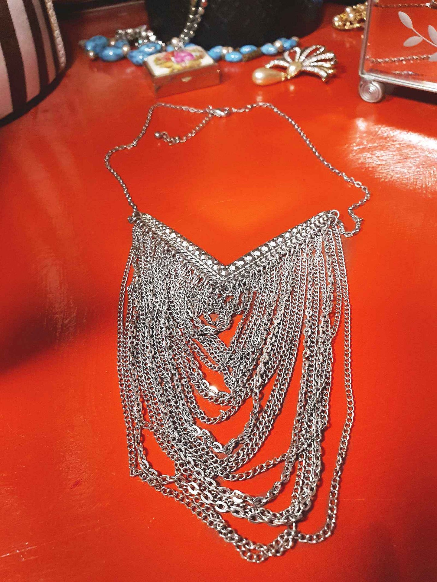 Vintage Boho Chain Statement Bib Necklace Bohemian Drape 90s Silver Tone