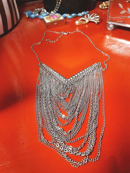 Vintage Boho Chain Statement Bib Necklace Bohemian Drape 90s Silver Tone