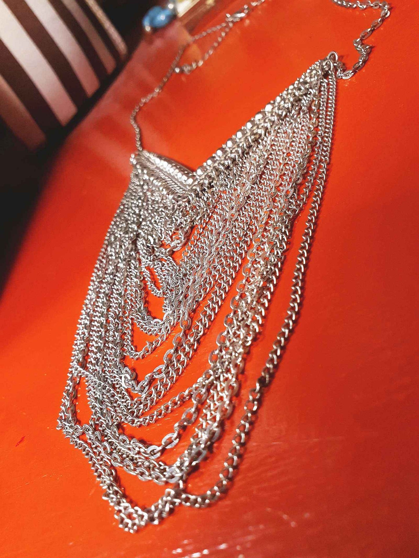 Vintage Boho Chain Statement Bib Necklace Bohemian Drape 90s Silver Tone
