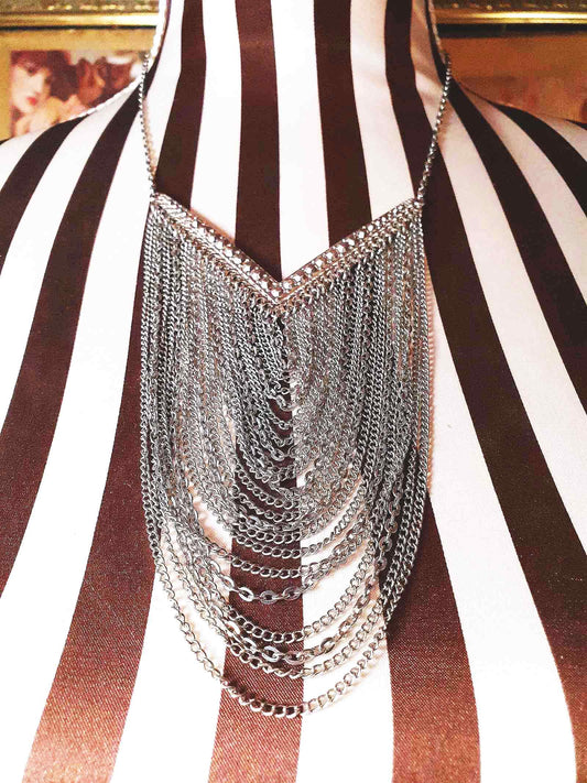 Vintage Boho Chain Statement Bib Necklace Bohemian Drape 90s Silver Tone